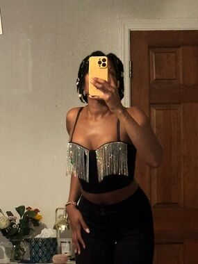 Windsor Black Cropped Bustier Top with Rhinestone Fringe